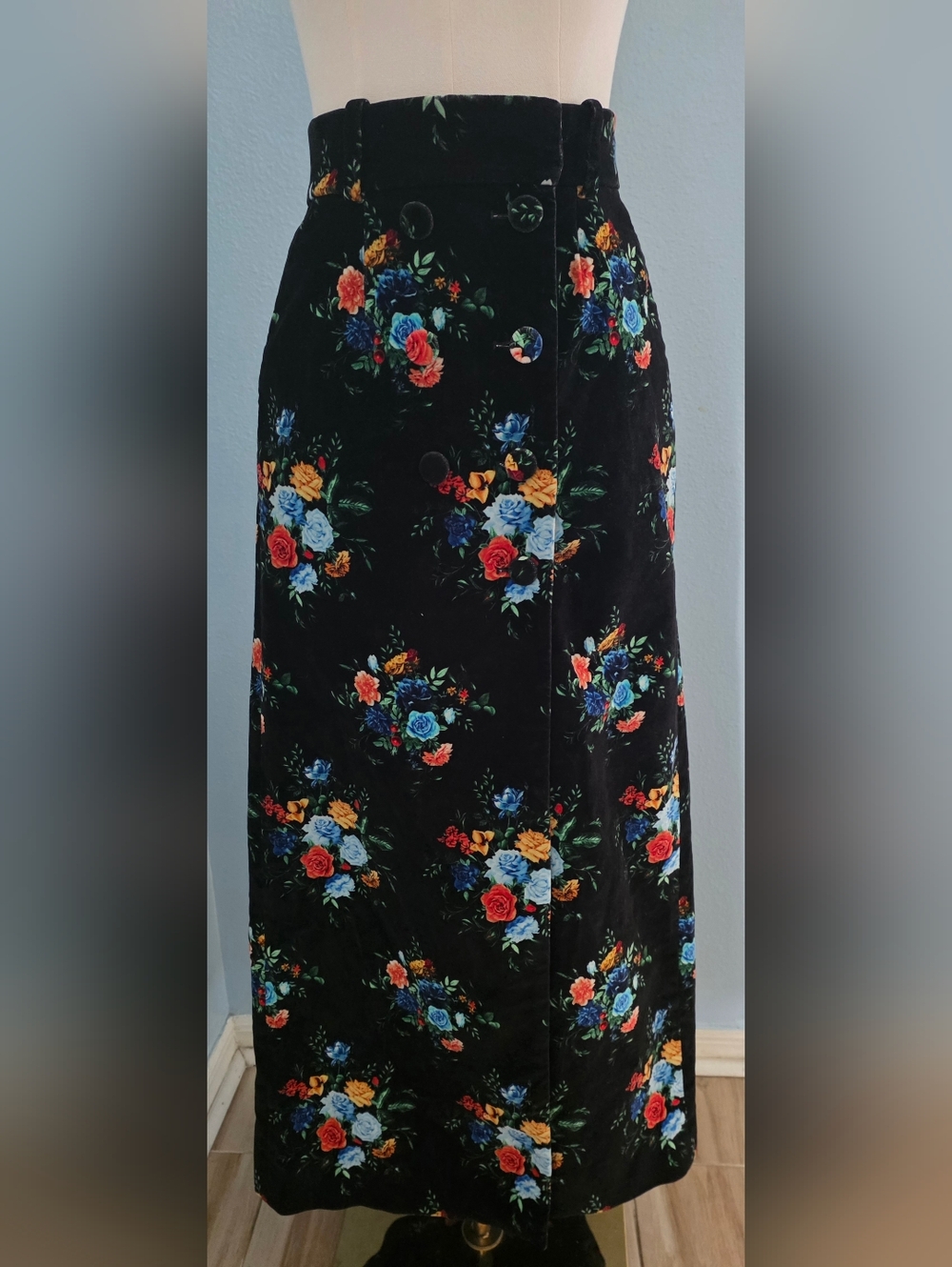 Paco Rabanne Black Maxi Skirt with Multicolor Floral Print
